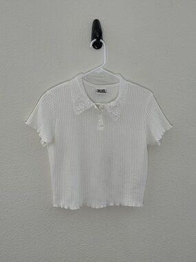 Jalate Limited Vintage 90s White Ribbed Polo Shirt Lace Collar